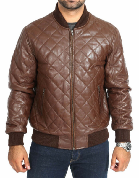 NOORA Mens Biker Motorcycle Brown Leather Jacket High quality Quilted Bomber Biker SU0432