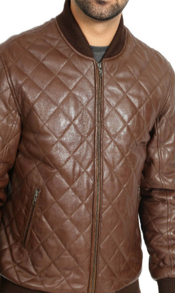 NOORA Mens Biker Motorcycle Brown Leather Jacket High quality Quilted Bomber Biker SU0432