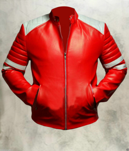 Noora Mens Customized Handcrafted Genuine Lambskin Vintage Leather Jacket Red with white patch fit M