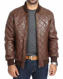 NOORA Mens Biker Motorcycle Brown Leather Jacket High quality Quilted Bomber Biker SU0432