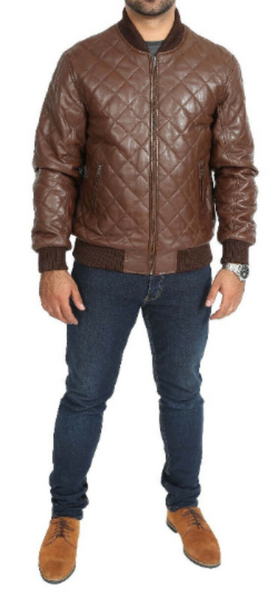 NOORA Mens Biker Motorcycle Brown Leather Jacket High quality Quilted Bomber Biker SU0432