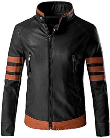 Noora Mens Lambskin Leather Black Jacket With Brown Strips Leather Jacket| Black And Brown Leather Jacket | Wolverine Jacket SU0853