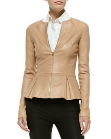 NOORA New Womens Lambskin Beige Leather Jacket | Outfit Glossy Leather Jacket | Vintage Leather Dress YK079