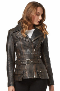 NOORA New Womens Lambskin Black Leather Jacket, Vintage Style Jacket, Biker Slim Fit Belted Designer Jacket YK074