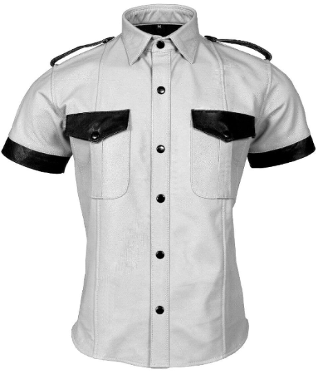 Noora Men's White & Black Combination Police  Leather Shirt With Snap| Military Shirt SU072