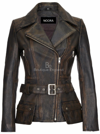 NOORA New Womens Lambskin Black Leather Jacket, Vintage Style Jacket, Biker Slim Fit Belted Designer Jacket YK074