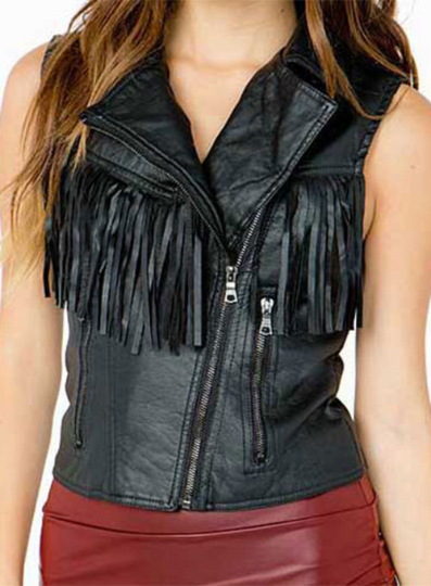 Noora New Womens Lambskin BLACK Fringe Leather Jacket With Sleeveless Jacket | Designer Biker Jacket YK080