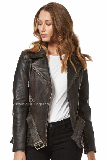 NOORA New Womens Lambskin Black Leather Jacket, Vintage Style Jacket, Biker Slim Fit Belted Designer Jacket YK074