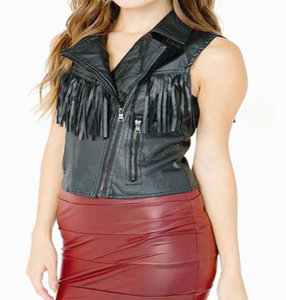 Noora New Womens Lambskin BLACK Fringe Leather Jacket With Sleeveless Jacket | Designer Biker Jacket YK080