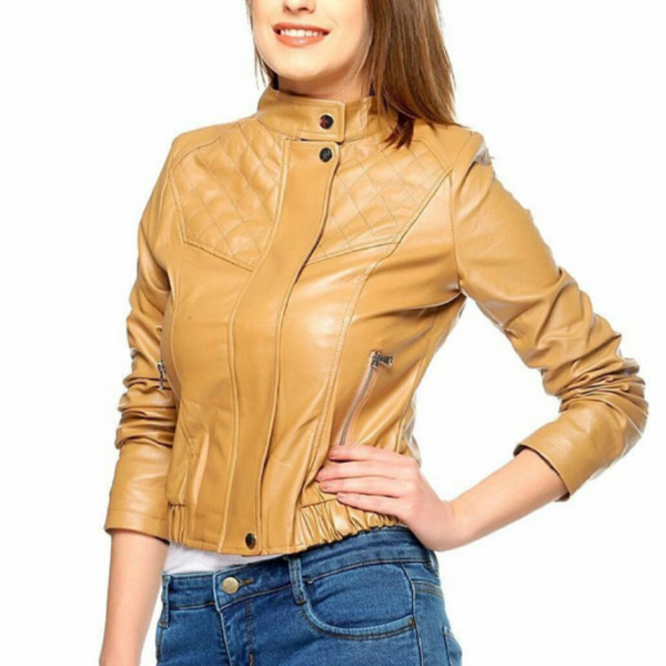 NOORA Lambskin Glossy Light Tan Leather Quilted Biker Jacket For Women, With Zipper Closure YK040