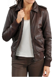 NOORA New Womens & Girls Antique Brown Leather Jacket, Authentic Lambskin Leather Glossy Bomber Jacket YK28