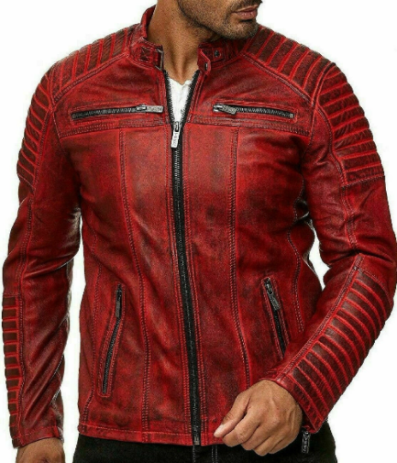 Noora Men's Lambskin Leather Antique Red Color Quilted Biker Jacket With  Black Zipper & Pocket SU099