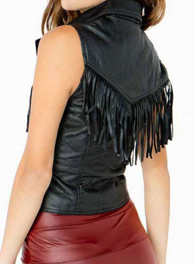Noora New Womens Lambskin BLACK Fringe Leather Jacket With Sleeveless Jacket | Designer Biker Jacket YK080