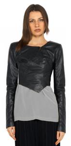 Noora Womens Lambskin Shiny Black Leather Jacket | CROPPED Motor Biker Jacket |Beautiful Look With CROSS Zipper YK081