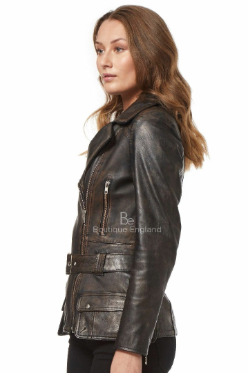 NOORA New Womens Lambskin Black Leather Jacket, Vintage Style Jacket, Biker Slim Fit Belted Designer Jacket YK074