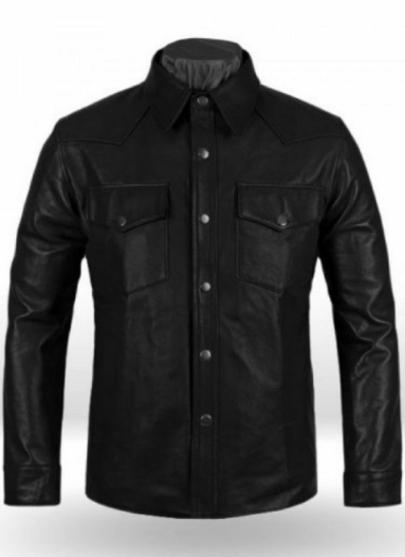 Noora Mens Black Lambskin Leather Shirt With Snap | Police Style Black Shirt | Black Uniform Leather Jacket | SU079