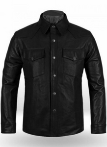 Noora Mens Black Lambskin Leather Shirt With Snap | Police Style Black Shirt | Black Uniform Leather Jacket | SU079