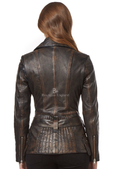 NOORA New Womens Lambskin Black Leather Jacket, Vintage Style Jacket, Biker Slim Fit Belted Designer Jacket YK074