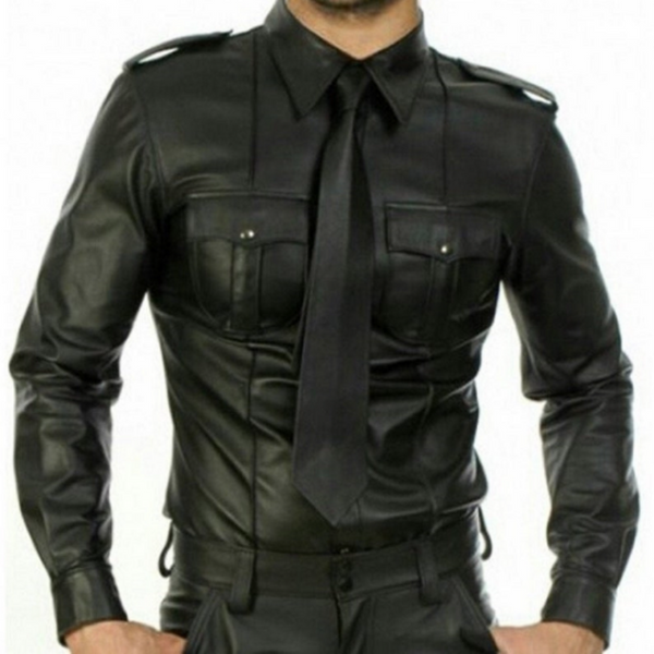Noora Mens Black Lambskin Leather Police Uniform Shirt, Leather Shirt With Shoulder Strap & Button closure