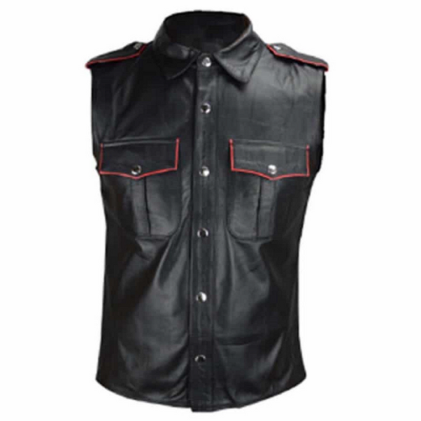 Noora Mens Black Sleeveless Red & Black Combination Leather Shirt | Black Biker Leather Shirt | Black Police Leather Shirt SU081