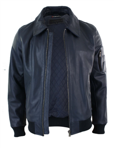 Noora Mens Navy Blue Bomber Leather Jacket With Branded YKK Zipper | Blue Biker Racer Rib & Hand Pocket Leather Jacket  | SU081
