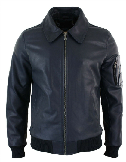 Noora Mens Navy Blue Bomber Leather Jacket With Branded YKK Zipper | Blue Biker Racer Rib & Hand Pocket Leather Jacket  | SU081