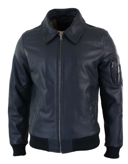 Noora Mens Navy Blue Bomber Leather Jacket With Branded YKK Zipper | Blue Biker Racer Rib & Hand Pocket Leather Jacket  | SU081
