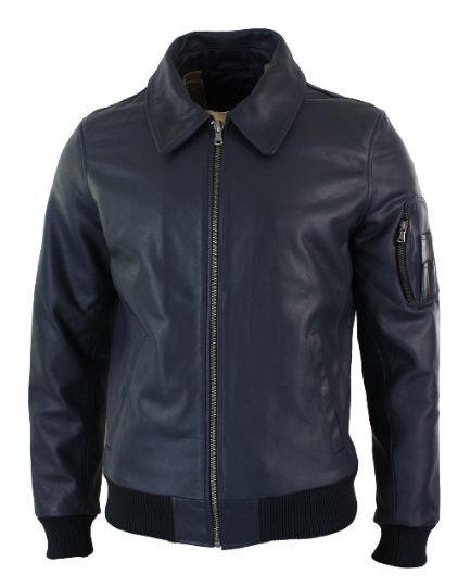 Noora Mens Navy Blue Bomber Leather Jacket With Branded YKK Zipper | Blue Biker Racer Rib & Hand Pocket Leather Jacket - RT467
