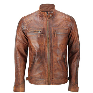 NOORA Real Brand New Men's Handmade Biker Motorcycle Café Racer Distressed Brown Leather Jacket for Halloween SU0132