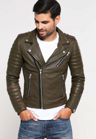 Noora New Men's Lambskin Leather Olive Green Quilted Biker Jacket With Zipper & Pocket  Designer