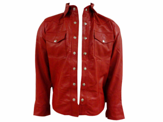 Noora New Men's 100% Lambskin Leather Red Shirt With Button Designer Biker Racer Red Shirt SU0147