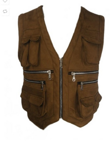 Noora Mens Brown Military Style Suede Vest Coat | Dark Brown Multiple Pocket & Zipper Suede Leather Vest Coat  SU083