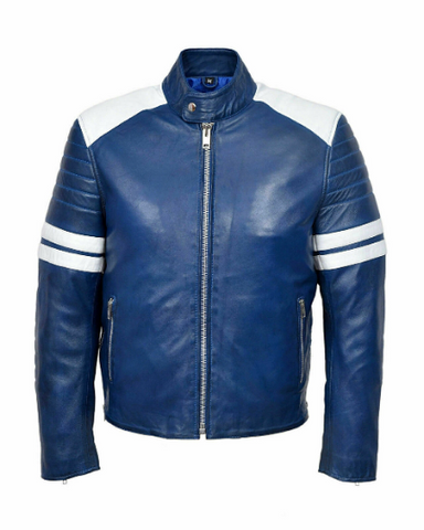 Noora Mens Leather Blue & White Combination Quilted Jacket |Blue Jacket With White Strips Quilted Leather Jacket