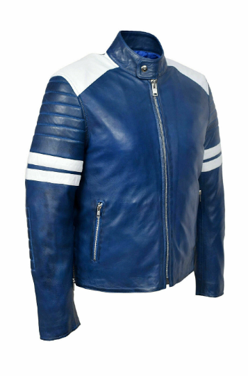 Noora Mens Leather Blue & White Combination Quilted Jacket |Blue Jacket With White Strips Quilted Leather Jacket