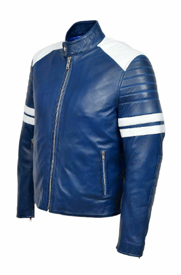 Noora Mens Leather Blue & White Combination Quilted Jacket |Blue Jacket With White Strips Quilted Leather Jacket