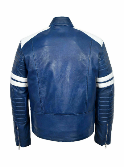 Noora Mens Leather Blue & White Combination Quilted Jacket |Blue Jacket With White Strips Quilted Leather Jacket