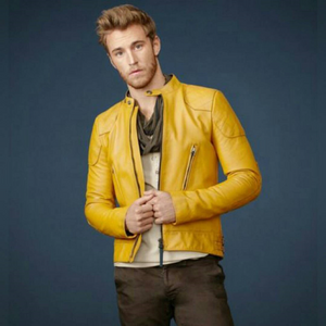 Noora New Mens Yellow Lambskin Leather Quilted  Biker Leather Jacket With Branded YKK Zipper | Yellow Quilted Rider Leather Jacket  SU091