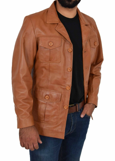 NOORA Mens Distress TAN Vintage Coat Jacket Genuine Lambskin Leather Jacket With Button Closure YK33