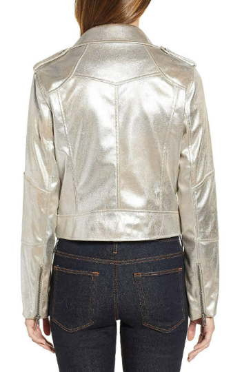 NOORA Women Sparkle Silver Leather Jacket | lambskin leather biker jacket | Shiny Metallic Silver Jackets YK041