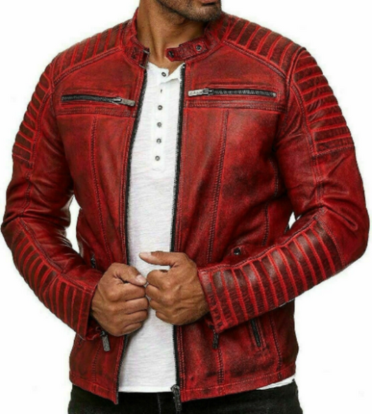 Noora Men's Lambskin Leather Antique Red Color Quilted Biker Jacket With  Black Zipper & Pocket SU099