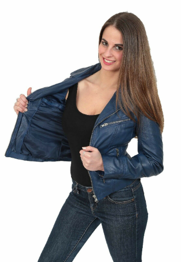 NOORA Women & Girls Lambskin Genuine Leather CROPPED Biker BLUE Jacket, Designer Morden Jakcet YK14