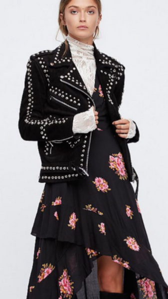 NOORA Woman Silver Studded Black SUEDE Leather Jacket, Steam Punk Biker Leather Jacket, Party Wear Jacket YK042