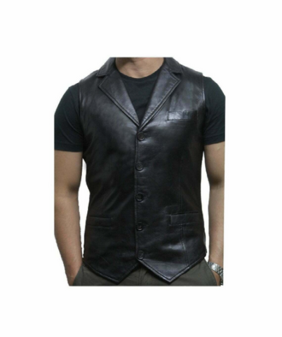 NOORA Black Classic Vest Coat For Men Lambskin Leather Sleeveless Biker Vest Coat With Pocket | SU092