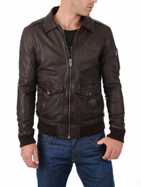 Noora Mens Dark Brown Bomber Leather Jacket With Branded YKK Zipper |  Brown Biker Racer Bomber Leather Jacket SU093