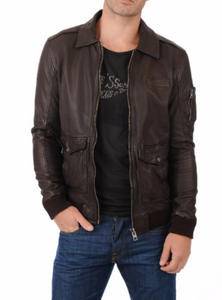 Noora Mens Dark Brown Bomber Leather Jacket With Branded YKK Zipper |  Brown Biker Racer Bomber Leather Jacket SU093