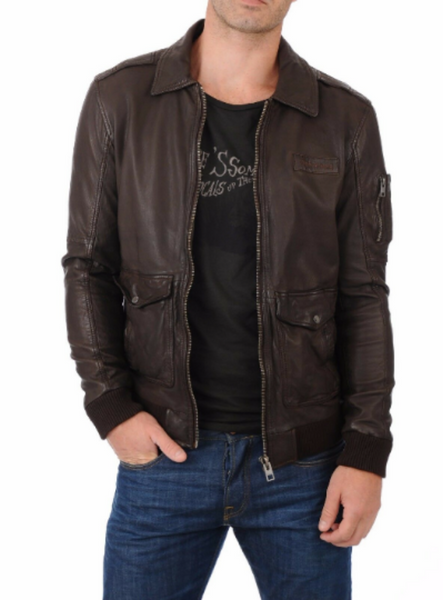 Noora Mens Dark Brown Bomber Leather Jacket With Branded YKK Zipper |  Brown Biker Racer Bomber Leather Jacket SU093