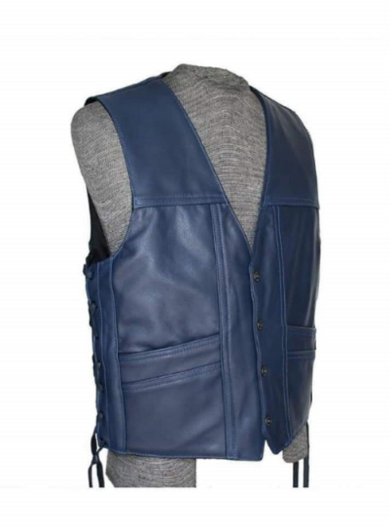 Noora Mens Blue Lambskin Leather Vest Coat With  Side braided & Snap Closure | Western Style  Blue Vest Coat | Designer Casual Wear Vest Coat SU0103