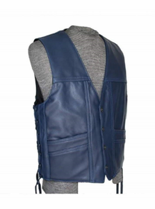 Noora Mens Blue Lambskin Leather Vest Coat With  Side braided & Snap Closure | Western Style  Blue Vest Coat | Designer Casual Wear Vest Coat SU0103