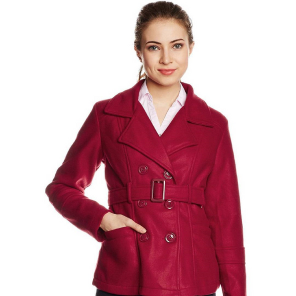 NOORA New Women Red Leather coat,designer Rose Red Jacket with buttons & Belt Western Party Wear Jacket YK044