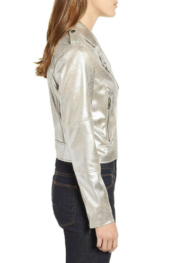 NOORA Women Sparkle Silver Leather Jacket | lambskin leather biker jacket | Shiny Metallic Silver Jackets YK041